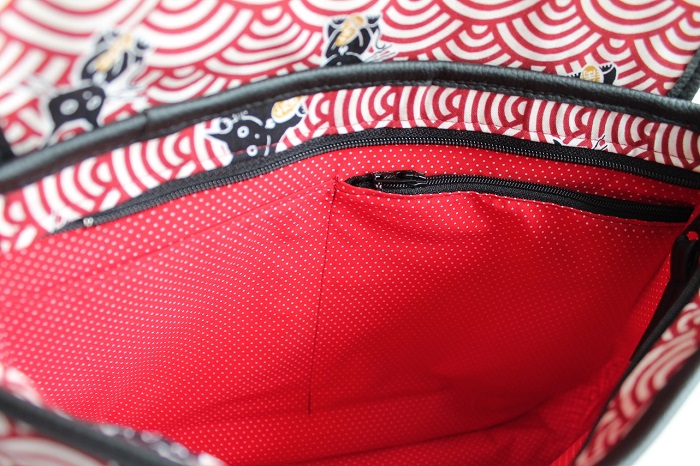 Cross body messenger bag - Maneki red white - zipper closure - black faux leather